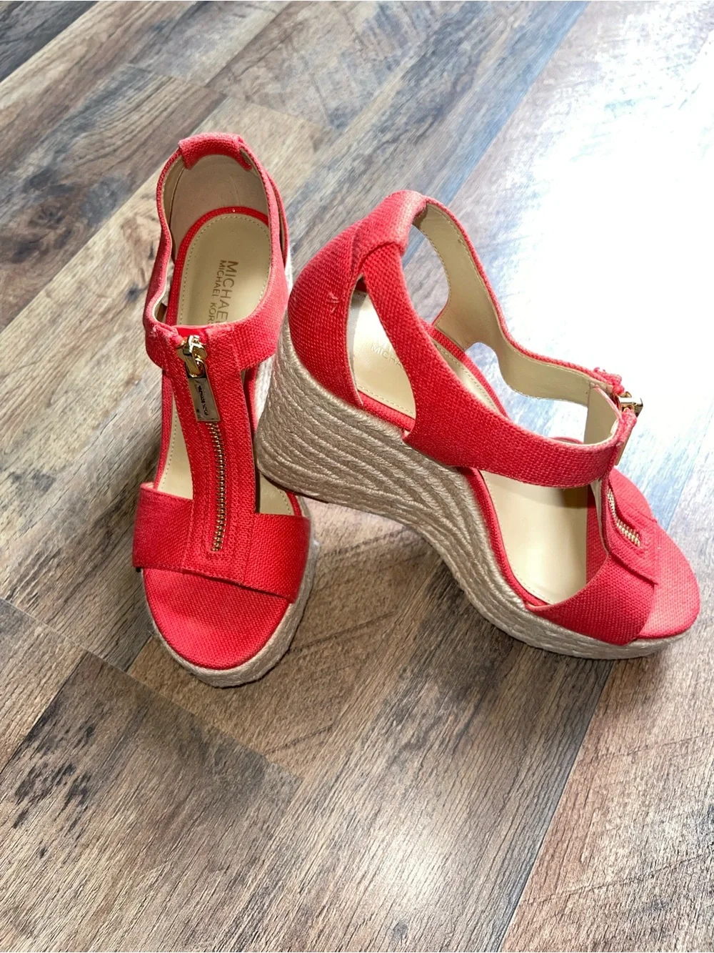 Michael Kors Coral-Red Espadrille Wedge Sandals with Front Zipper